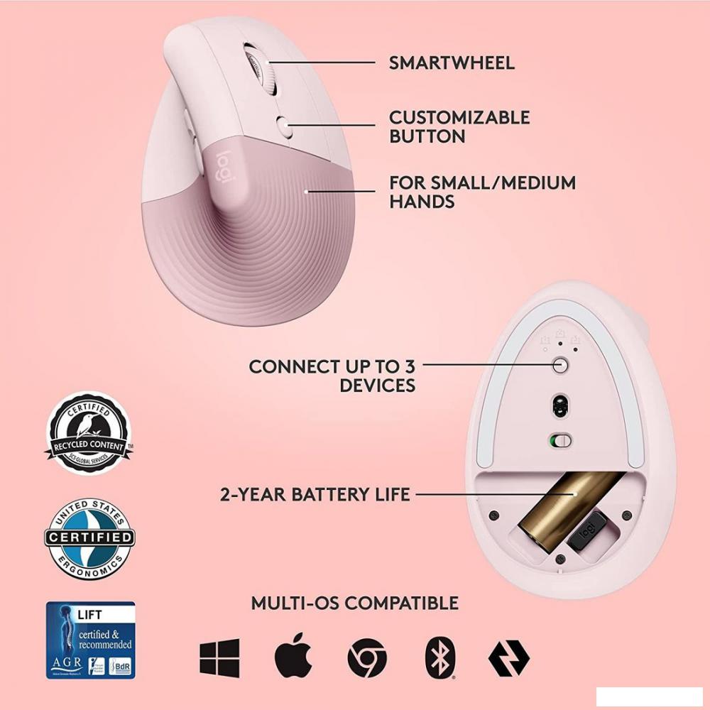Вертикальная мышь Logitech Lift (розовый)