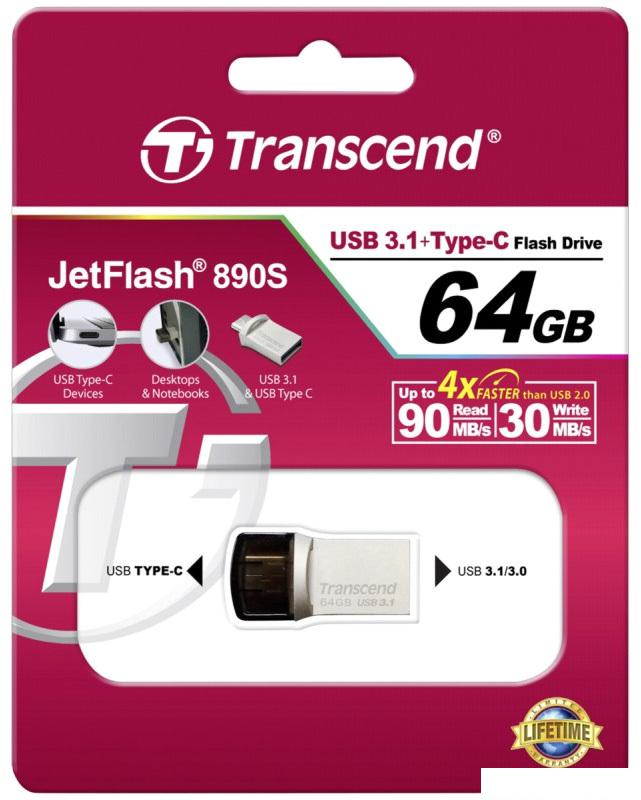 USB Flash Transcend JetFlash 890S USB3.1 + Type-C 64GB [TS64GJF890S]