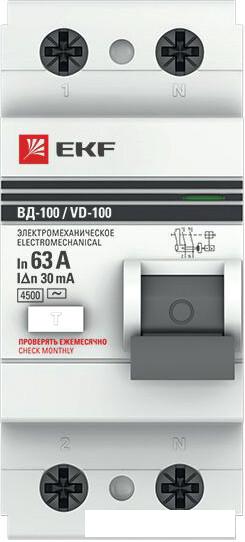 Устройство защитного отключения EKF PROxima ВД-100 2P 63А 30мА elcb-2-63-30-em-pro