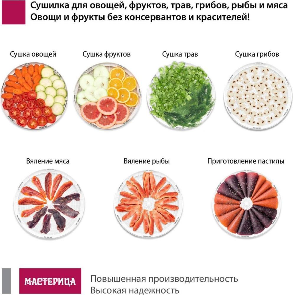 Сушилка для овощей и фруктов Мастерица EFD-0602VM (6 белых поддонов + 2 прозрачных поддона + поддон для пастилы)