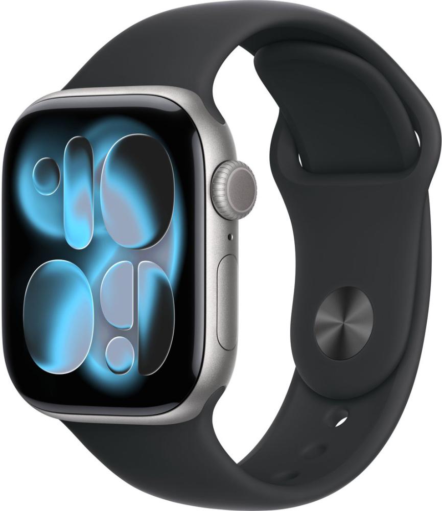Умные часы Apple Watch Series 11 42 мм (алюминиевый корпус, космический серый/черный, спортивный силиконовый ремешок M/L)