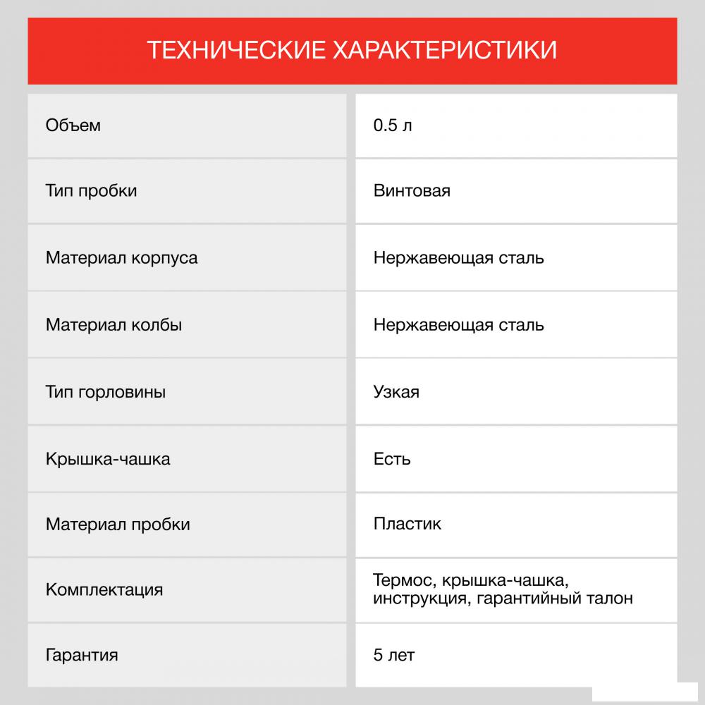 Термос StarWind 10-500 500мл (серебристый/красный)