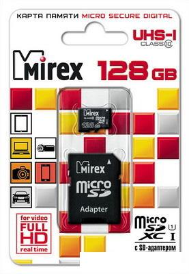 Карта памяти Mirex microSDXC UHS-I (Class 10) 128GB + адаптер [13613-AD10S128]