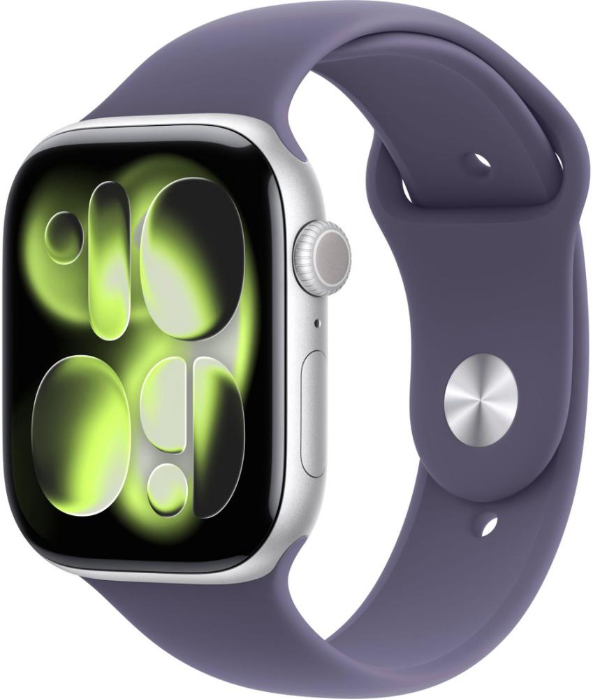 Умные часы Apple Watch Series 11 46 мм (алюминиевый корпус, серебристый/фиолетовый туман, спортивный силиконовый ремешок M/L)