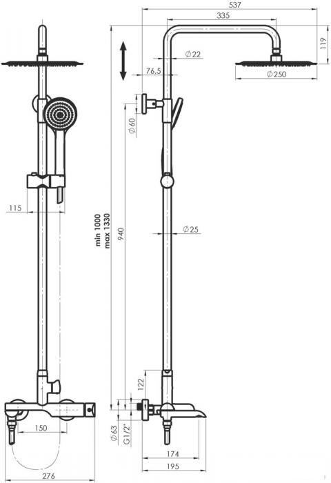 Душевая система  Rubineta Olo BK + Ultra-10 SW DV3/4 BK 625123