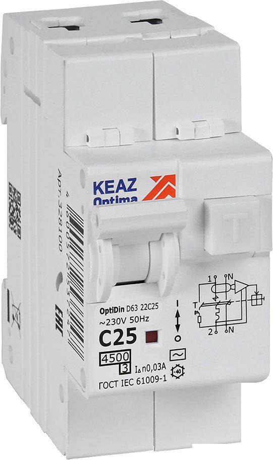 Дифференциальный автомат КЭАЗ OptiDin D63-22C25-AC-У3 C25 30мА 4.5кА 328100
