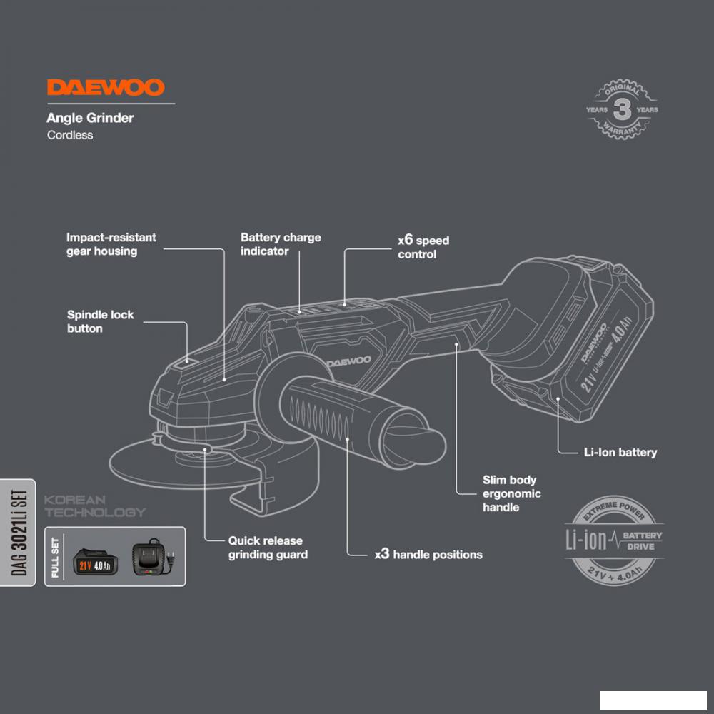 Угловая шлифмашина Daewoo Power DAG 3021Li Set (с 1-им АКБ)
