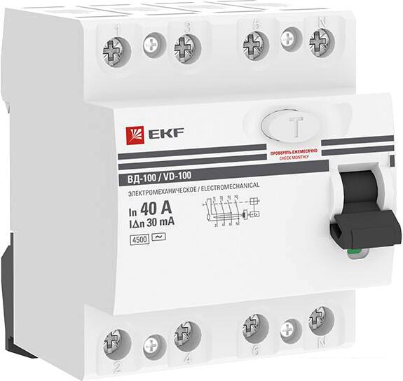 Устройство защитного отключения EKF PROxima ВД-100 4P 40А 30мА elcb-4-40-30-em-pro