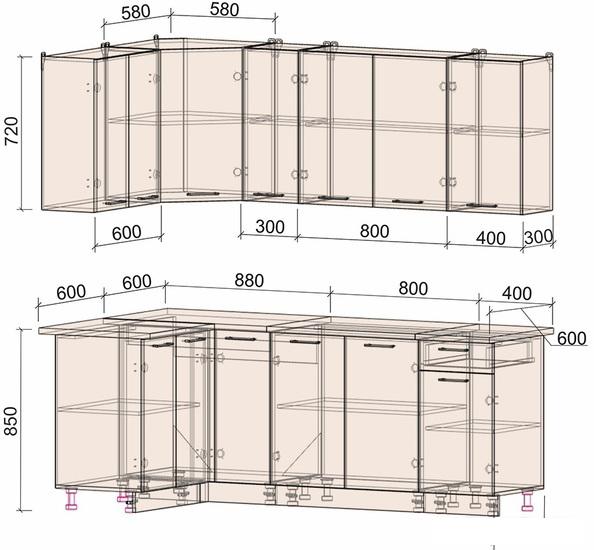 Готовые кухни Интерлиния Мила Лайт 1.2x2.1 (бетон-антрацит-травертин)