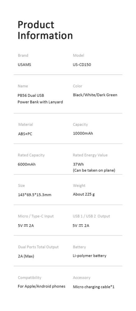 Внешний аккумулятор Usams US-CD150 PB56 10000mAh (белый)