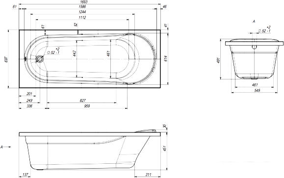 Ванна Ventospa Aqua 170x70 (с каркасом)