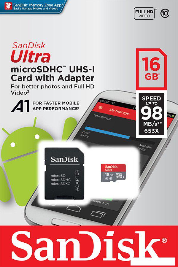 Карта памяти SanDisk Ultra SDSQUAR-016G-GN6MA microSDHC 16GB (с адаптером)