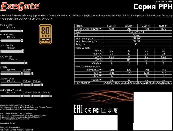 Блок питания ExeGate 500PPH 80 Plus Bronze EX280577RUS