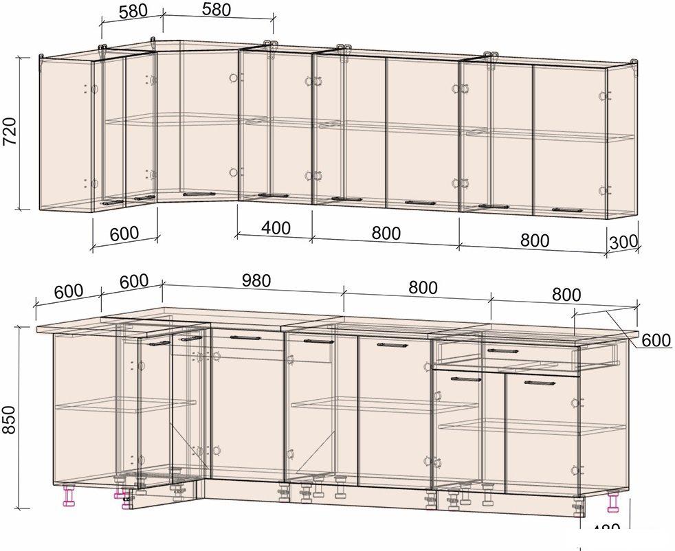 Готовая кухня Интерлиния Мила Лайт 1.2x2.6 (дуб белый-дуб золотой-дуб бунратти)