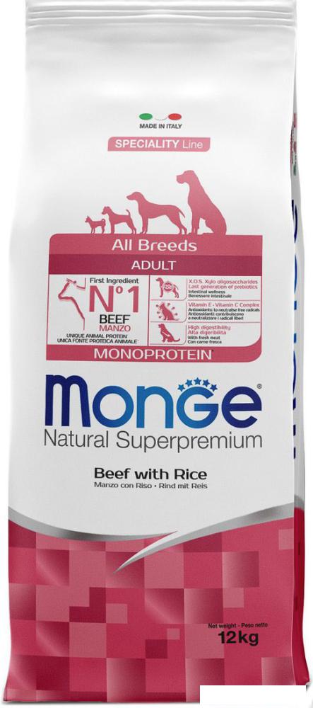 Сухой корм для собак Monge All Breeds Adult Monoprotein Beed with Rice для всех пород с говядиной и рисом (12 кг)