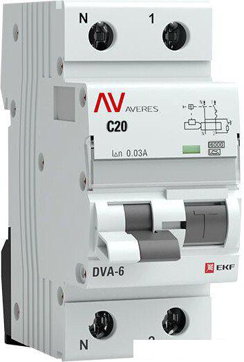 Дифференциальный автомат EKF Averes DVA-6 2P 20А 30мА (C) 6кА тип A rcbo6-1pn-20C-30-a-av